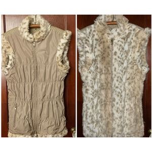 BAGATELLE VEST KHAKI BEIGE REVERSIBLE ANIMAL PRINT FAUX FUR KNIT MEDIUM M